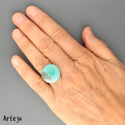 Glass Cabochon for interchangeable Jewelry System with shades of mint green with Fine Silver