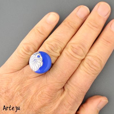Glass Cabochon for interchangeable Jewelry System with shades of blue with Fine Silver
