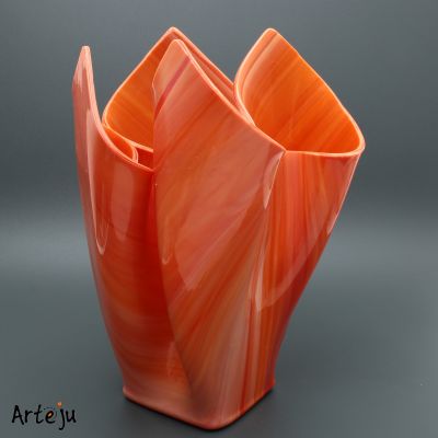 Folded Glass Vase in red-orange-white with square Bottom 