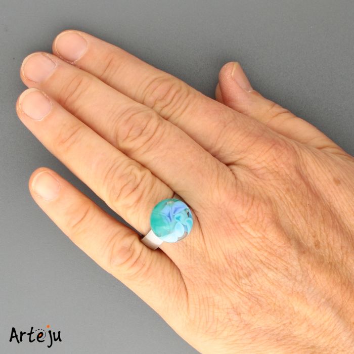 Glass Cabochon for interchangeable Jewelry System with shades of blue, green and white