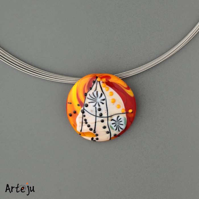 Glass Cabochon with shades of orange, yellow, red, cream and black
