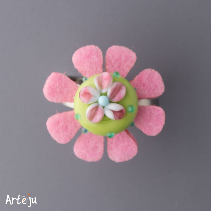 Wechselring-Set mit Filzscheibe "Daisy" in rosa und Glastop