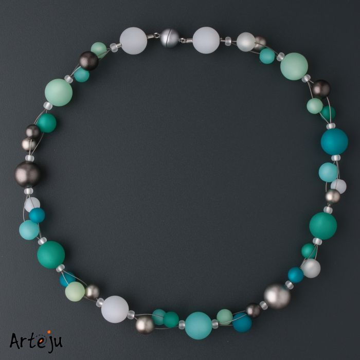Ball Necklace in aqua, petrol, white and greymetallic, 3-stranded
