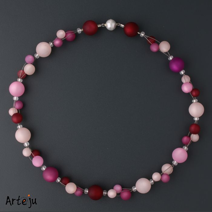 Kugelkette in dunkelrot, rosa und pink, 3strängig